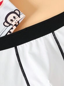 Paul Frank X SHEIN 3 件装男士卡通猴子印花撞色腰带缝线细节舒适平角内裤 - 白色 - 查看 6