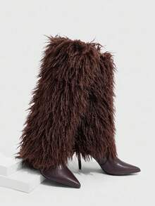 CUCCOO SZL 全新欧美时尚女式仿皮毛细高跟中筒/及膝靴 - 咖啡棕 - 查看 3
