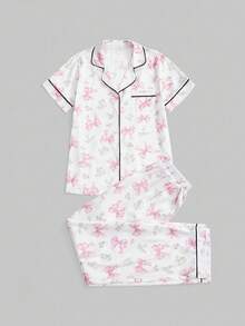 ROMWE Kawaii Cute Bow Floral Pattern Satin Fabric Long Sleeve Shorts Women Pajama Set - Pink - View 1