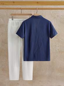 EASEVO 加大码男士纯色立领单排扣短袖衬衫及抽绳腰带口袋休闲裤套装 - 彩色 - 查看 2