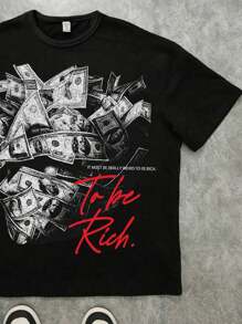 SHEIN Bolty Tween Boys' Casual Minimalist "To Be Rich" Skull & Dollar Bill Graphic Hiphop Print Round Neck Short Sleeve T-Shirt, Suitable For Summer - Black - View 2