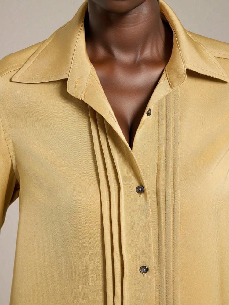 2025 New Autumn/Winter Apparel, All Season Wear, Winter, Back To School Looks, Halloween & Christmas, Women's Teacher Attire, Casual Outings, Night Out, Wedding Guest Formal Wear, Elegant Wedding Guest, Church Attire, Women's Business Casual, Versatile Basics, Blouse With Collar Stripe Decor, Shell Buttons, Autumn Leaf Yellow Shirt