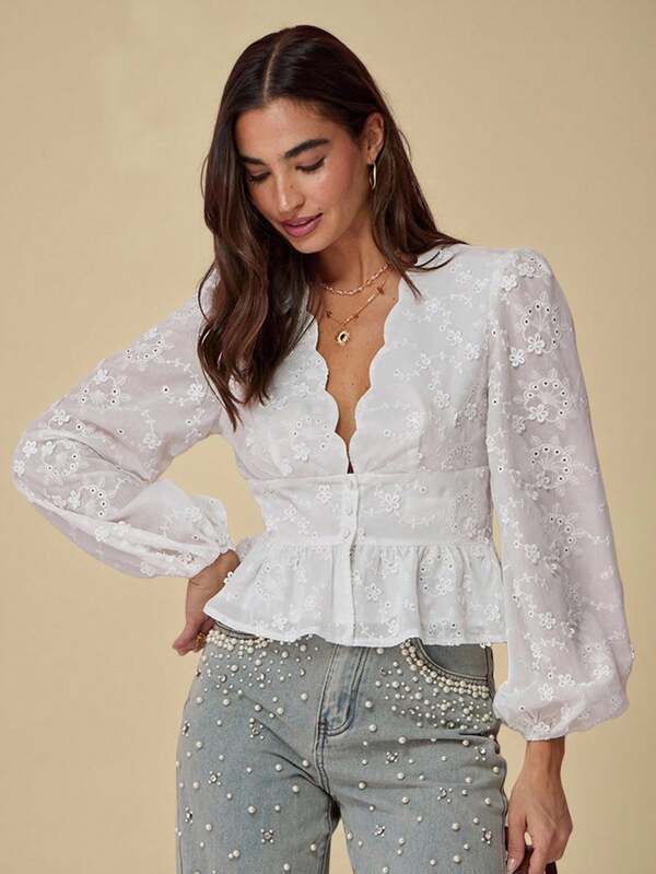 Enchnt Autumn And Winter Romantic Women's White Floral Embroidery Wavy V-Neck Lantern Sleeve Ruffle Hem Fashionable Blouse, Suitable For Vacation,Sweet&Date&Holiday&Graduation&Beach,Fall Blouse For Women,Fall Clothes,Bohemian Clothes