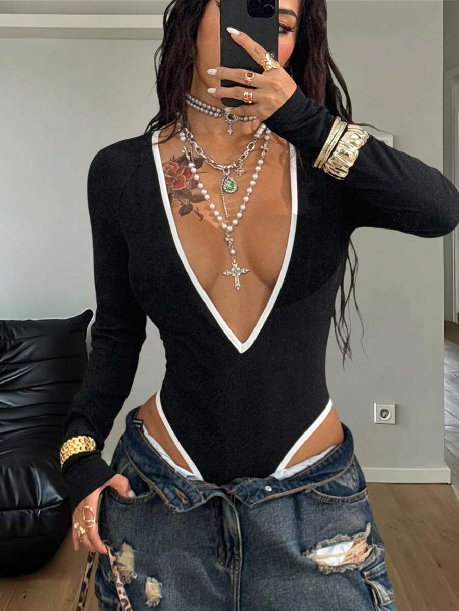 Coolane 女士夏季外出度假服装街头演唱会服装弹力撞色滚边深 V 领长袖紧身衣 - 黑色 - 查看 1