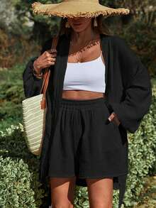 Women's Textured Cotton Crinkle Casual Shirt And Shorts Set - Black - View 5