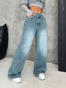 EURMUSE Women's Thick Denim Jeans, Oblique Placket, Loose Wide-Leg Pants, Blue - Light Wash - View 5