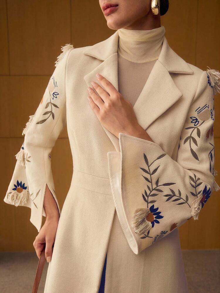 STYLISH TASSEL EMBROIDERED LONG TRENCH COAT, SLIM FIT, AUTUMN/WINTER