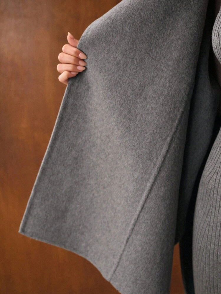 WOOL FUZZY PANEL BATWING SLEEVE BELTED CAPE OVERCOAT , FALL WINTER