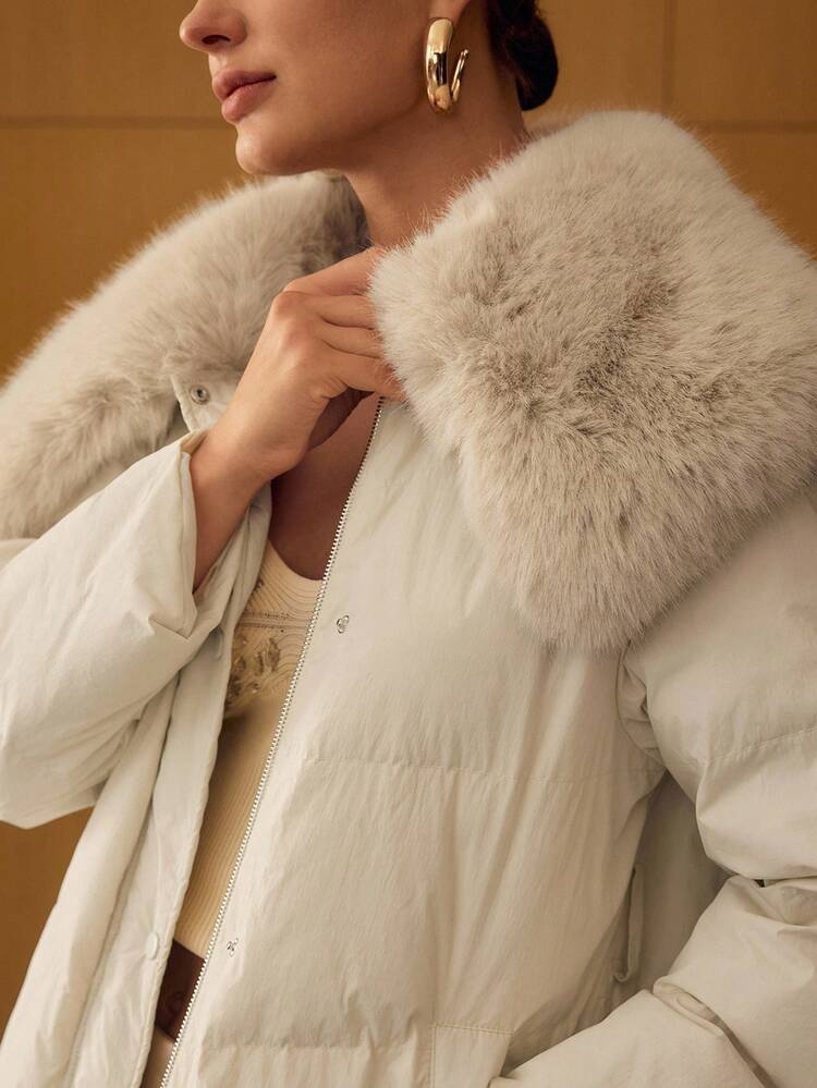 CONTRAST FAUX FUR ZIPPER WINTER COAT
