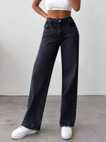 EURMUSE 100%Cotton Slant Pocket Straight Leg Jeans - Black - View 5