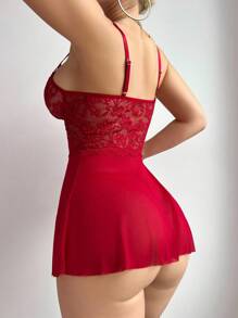 Snug Zone 3 件套性感蕾丝和网眼睡袍套装，带花卉网眼喇叭袖睡袍，外出 - 酒紅色 - 查看 2