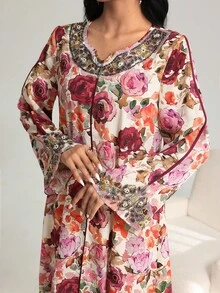 Yasmyna V领喇叭袖串珠蕾丝边连衣裙，阿拉伯风格，春夏 - 酒紅色 - 查看 2