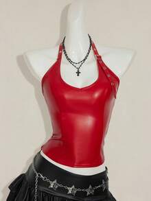 SHEIN ICON Damen einfarbiges minimalistisches Spaghetti-Träger rückenfreies PU-Leder Y2K Camisole Top, Party-/Urlaubsmode, Alltags-Lässig, Weinrot