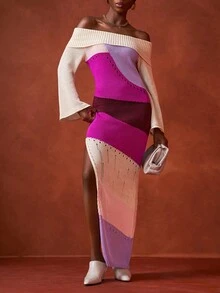 Zivah Vestido largo de una sola manga con cuello vuelto, degradado parcial de color púrpura, blanco y vino tinto, para mujer. Vestido de punto para vacaciones de primavera y verano, fiestas de crucero, citas diarias y de celebridades de internet.