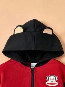 Paul Frank X SHEIN Conjunto de 2 piezas de chaqueta con capucha con orejas 3D y pantalón de chándal con estampado de mono lindo de dibujos animados para bebé niño, adecuado para otoño e invierno, Halloween - Negro - Ver 3