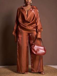 Veslaya Bộ đồ 2 mảnh dành cho nữ cỡ lớn, thanh lịch, gợi cảm, dáng rộng, tay phồng, cổ chữ V sâu, vạt cong, kết hợp áo sơ mi và quần ống rộng dài, chất liệu chiffon, dành cho mùa Xuân/Thu - B - màu nâu - Xem 2