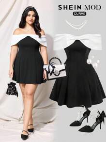 SHEIN MOD Plus Size Retro Elegant Black And White Contrast Color Knitted Mini Dress, Front Button Apricot Bow Patchwork, Stretchy Off-Shoulder Summer Party - Black and White - View 4