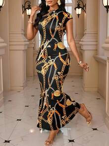 SHEIN Lady 女士优雅链条印花鱼尾下摆连衣裙 - 黑色 - 查看 4