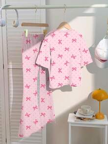 2 件套青少年女童休闲可爱甜美粉色波尔卡圆点和迷你蝴蝶结图案奶油粉色短袖上衣和裤子套装，适合夏季返校、节日服装、卡哇伊风格、女童服装套装、青少年女童服装、儿童服装、返校、返校节、校服、休闲、史迪奇 - 彩色 - 查看 3