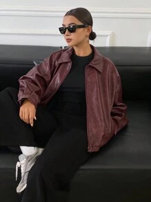 DAZY 女士休闲长袖拉链常规夹克，适合日常穿着，秋季女装皮夹克女式外套