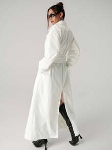 SHEIN ICON 长款前开掌装饰腰带女式风衣白色风衣秋冬女装 - 白色 - 查看 2