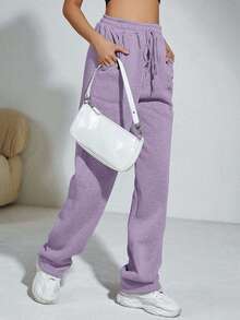 SHEIN Cottnline Women's Casual Solid Color Straight Leg Sweatpants - Lilac Purple - View 5
