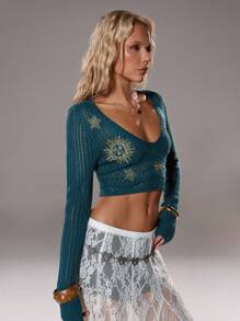 TRNVIE Olive Green Women's V-Neck Long Sleeve Hollow Out Cropped Fitted Sweater,Fall Clothes For Women ,Boho Party, Christmas - Dark Green - View 5