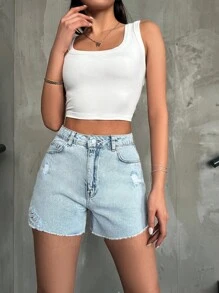 EURMUSE 女士磨損後的鬆繩牛仔短褲 - 淺色水洗藍 - 查看 7