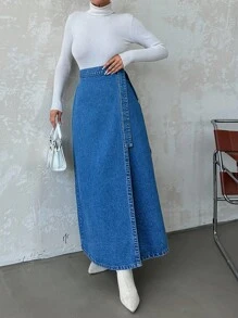 EURMUSE High Waisted Wrap Around Knot Denim Skirt - Blue - View 4