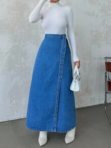 EURMUSE High Waisted Wrap Around Knot Denim Skirt - Blue - View 6