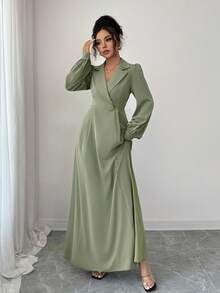 Selianne 女式束腰无袖 A 字形拉链度假波西米亚风优雅翻领连衣裙，女士优雅服装，秋冬连衣裙，外出连衣裙，秋季女装，冬季朴素女装 - 綠色 - 查看 6