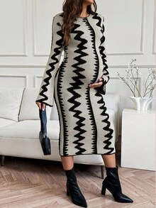 SHEIN 秋装，秋季服装，孕妇装 秋季服装 孕妇装 孕妇波浪条纹圆领喇叭袖修身优雅针织连衣裙 针织孕妇装中长连衣裙 喇叭袖孕妇装 紧身孕妇装 孕妇中长连衣裙 - 彩色 - 查看 6