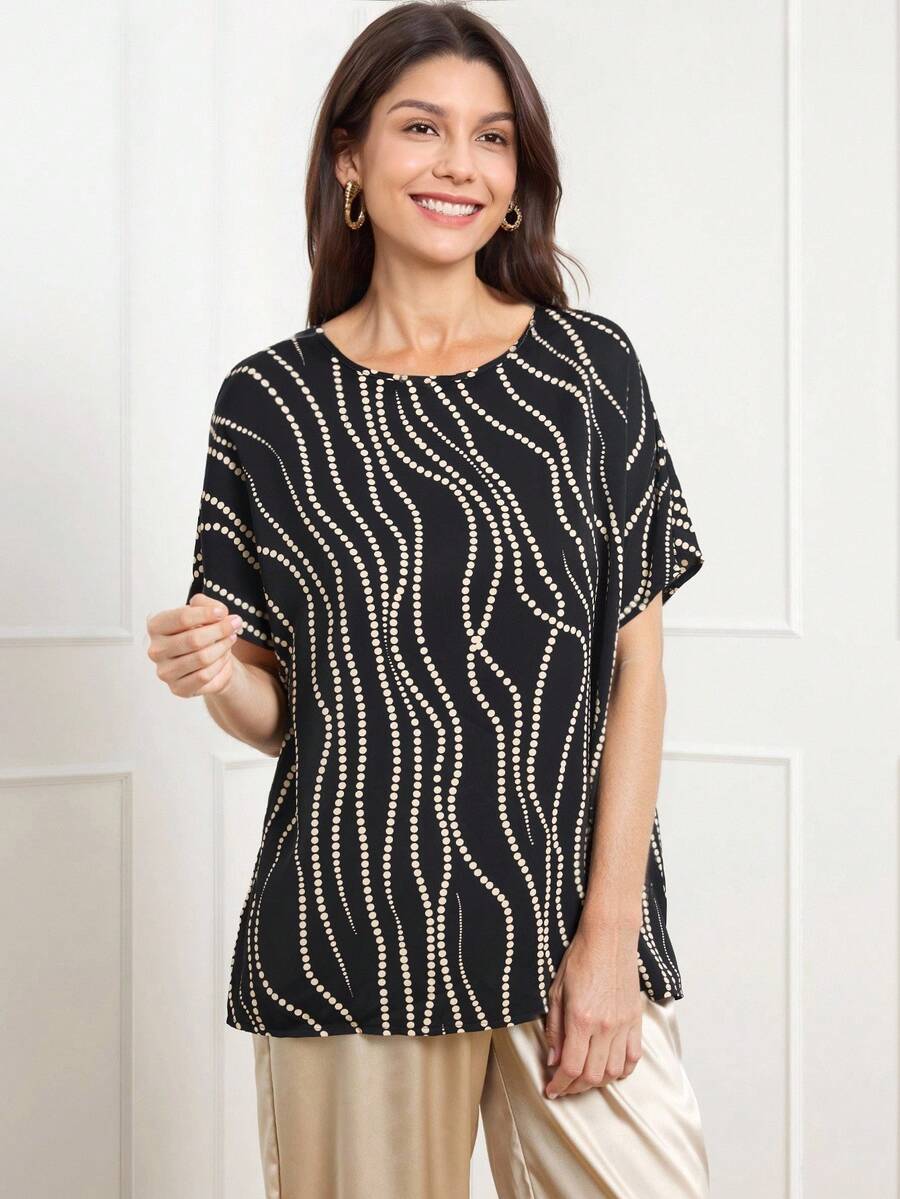 Miaspire 女士波尔卡圆点印花蝙蝠翼短袖休闲衬衫 - 彩色 - 查看 1