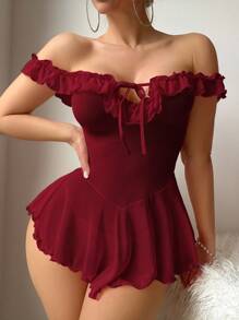 SHEIN 酒红色网眼吊带裙，荷叶边露肩设计，适合女性外出穿着 - 酒紅色 - 查看 5