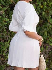 Melissa Matos 女士迷你连衣裙，纯色，长袖，简约时尚，适合夏季 - 白色 - 查看 5