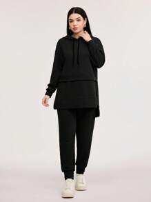 Veilorie Drop Shoulder Split Hem Drawstring Hoodie & Sweatpants,Ladies Spring/Fall Casual Drawstring,Pocket Three Quarter Length Sleeve Regular Fit Black Drop Shoulder Sweatshirt Sweatpants Women Two Pieces Outfits , Outdoor Activities 2 Pieces Set - Black - View 4