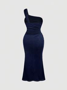 SHEIN MOD Plus Size Women's Navy Blue One Shoulder Denim Dress,Elegant Metal Flower Ruched Bodycon Fishtail Formal Evening Gown,Autumn Clasic Date Night Outfit - Dark Wash - View 2