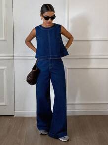 DAZY 秋季新款宽松休闲牛仔连体裤 - 藍色 - 查看 4