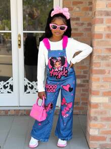 SHEIN Mono de pana con estampado lindo y de niña para niñas preadolescentes - Azul - Ver 3