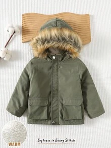 Cozy Pixies 男婴保暖加厚长袖连帽派克大衣，休闲百搭 - 軍綠色 - 查看 6