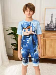 SHEIN 2pcs Kids/Tween Boys Casual Everyday Versatile Comfortable Printed Pattern Crew Neck Loose Pullover Short Sleeve Top And Shorts Knit Tight Fit Pajama Set Boys Sleepwear Boys Pajamas Set Boy Pajama Shorts Sets Snug Fit - Multicolor - View 8
