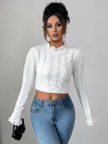Elenzga Suéter corto ajustado, elegante y femenino con cuello redondo, parches de encaje, mangas largas, parches de encaje y adornos de rhinestone para mujer, nuevo para otoño/invierno - Blanco - Ver 6