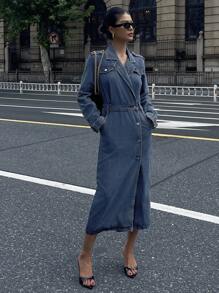 DAZY Đầm denim nữ cổ ve lật và có túi, đầm mùa thu. - Màu xanh lam - Xem 4