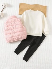 Cozy Pixies 3 件套女婴卡通猫咪图案针织柔软圆领长袖运动衫、羊毛背心和松紧腰打底裤套装 - 粉色 - 查看 2