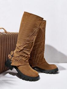 Styleloop 过膝编织靴，适合度假、波西米亚风、西部风、音乐节、万圣节、圣诞派对装 - 棕色 - 查看 1