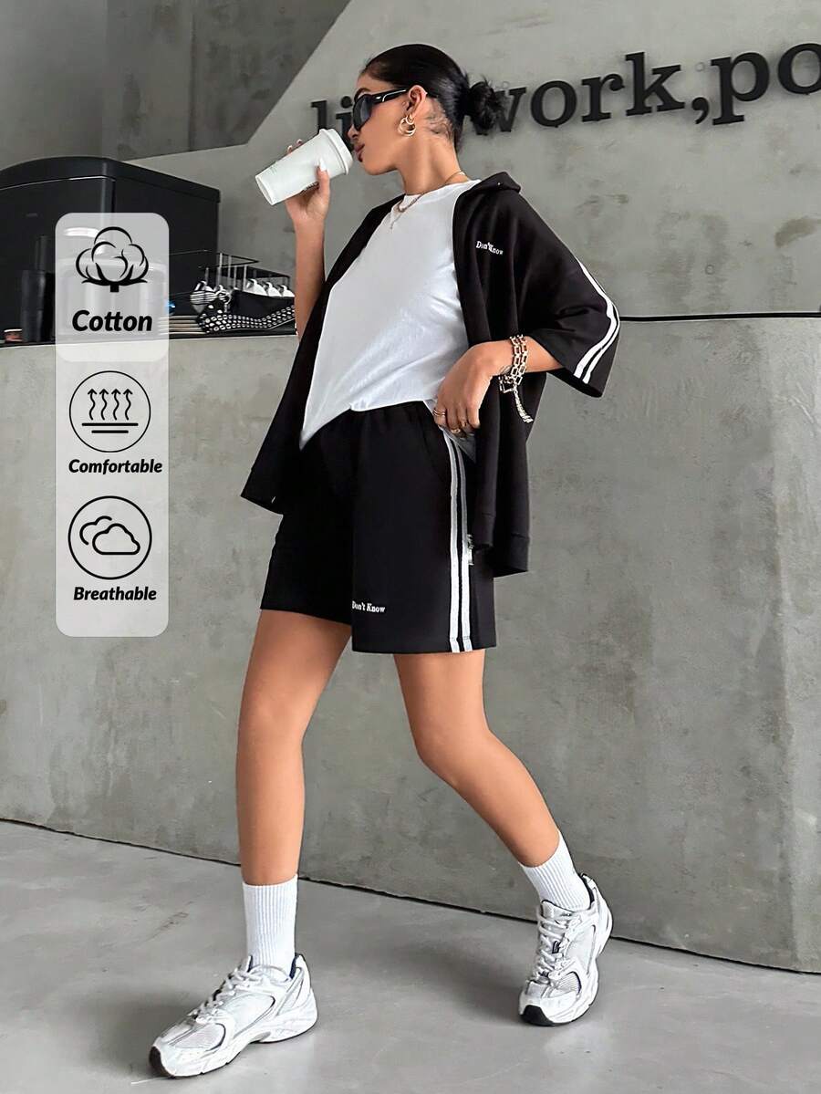 Half Sleeve Tee And Shorts & Jacket 3pcs Set - Black and White - View 1
