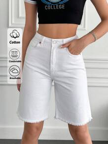 EURMUSE 100%Cotton Rigid, Hem Detailed Bermuda Short - White - View 1