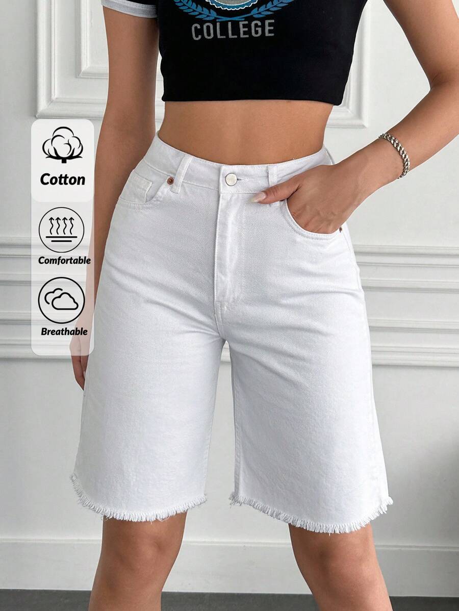 EURMUSE 100%Cotton Rigid, Hem Detailed Bermuda Short - White - View 1