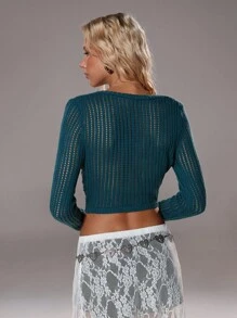 TRNVIE Olive Green Women's V-Neck Long Sleeve Hollow Out Cropped Fitted Sweater,Fall Clothes For Women ,Boho Party, Christmas - Dark Green - View 2