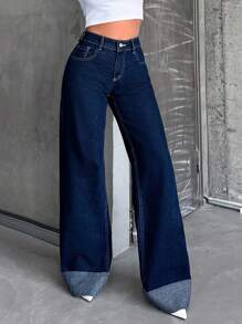 EURMUSE Casual Loose Rolled Up Wide Leg Jeans - Dark Wash - View 4